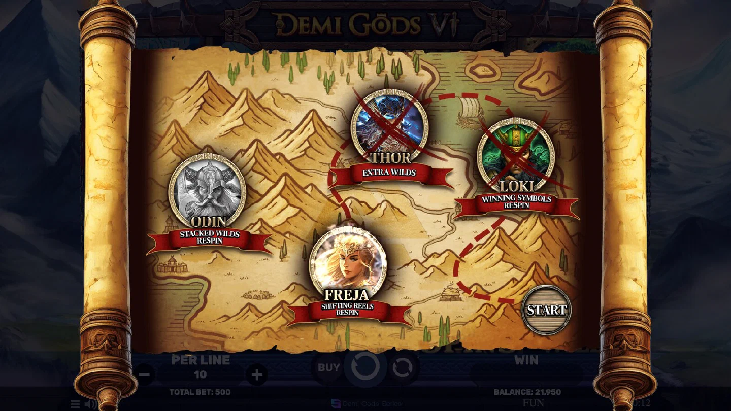 Mapa de la Free Spins Journey de Demi Gods VI con las cuatro etapas