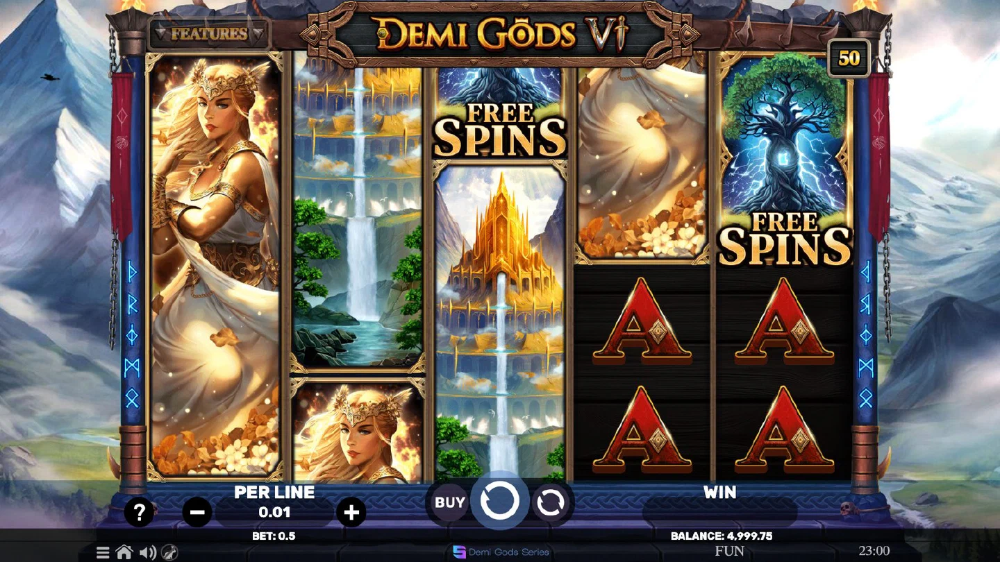 Partida base de Demi Gods VI con la rejilla 5x4 y el botón BUY junto al giro