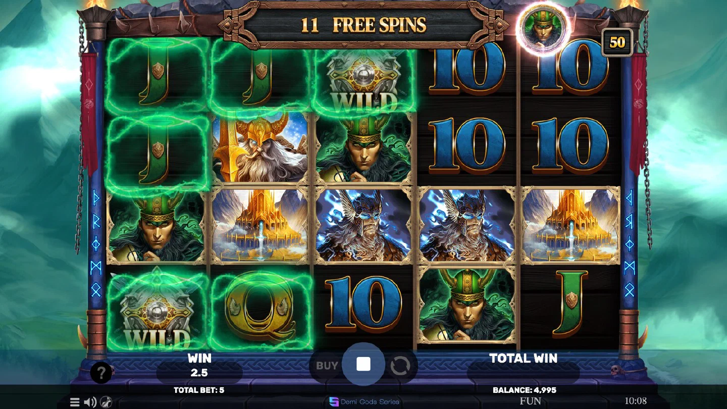 Modo de giros gratis de Demi Gods VI con la rejilla cargada de comodines